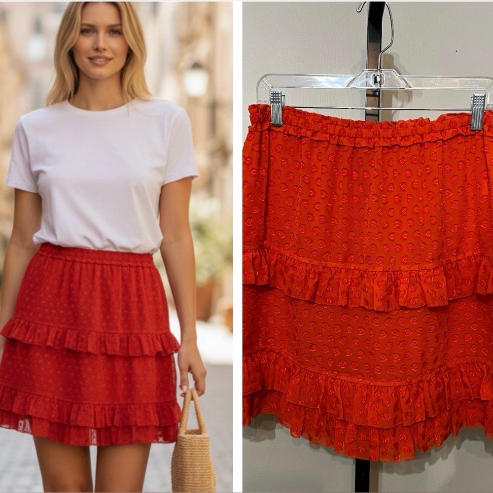 Tory Burch Silk Blend Tiered Ruffle Skirt Orange Size M NWT